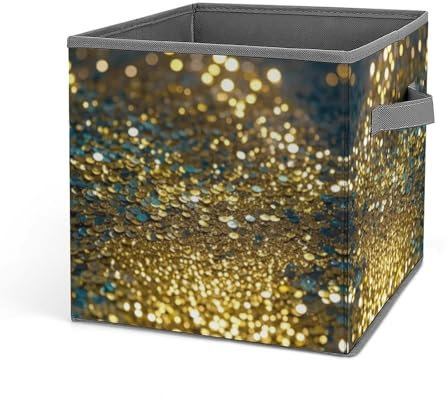 JTREWBV Zusammenklappbarer Aufbewahrungswürfel mit Griffen, goldfarbener Pailletten-Glitzer-Druck, würfelförmiger Aufbewahrungsbehälter, Körbe, faltbare Aufbewahrungsbox