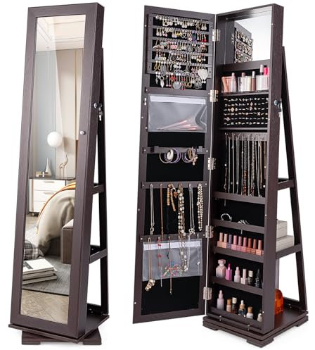 RELAX4LIFE Armoire a Bijoux Pivotante à 360º, Armoire a Bijoux avec Miroir sur Pieds, Verrouillable à Clés, 3 Étagères de Rangement, Miroir Bijoux sur Pieds (Marron foncé)