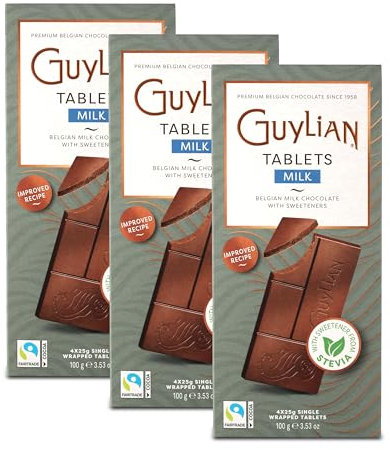 GuyLian Tafelschokolade Milchschokolade gesüßt mit Stevia 100g 3er Set – Belgische Schokolade ohne Zuckerzusatz – Zuckerreduzierte, zartschmelzende Milchschokolade für bewussten Genuss