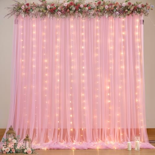 Rideaux de fond transparents avec guirlande lumineuse pour mariage, fête prénatale, 3 x 2,4 m, rideaux en tulle transparent pour décoration de photographie de fête d'anniversaire, rose