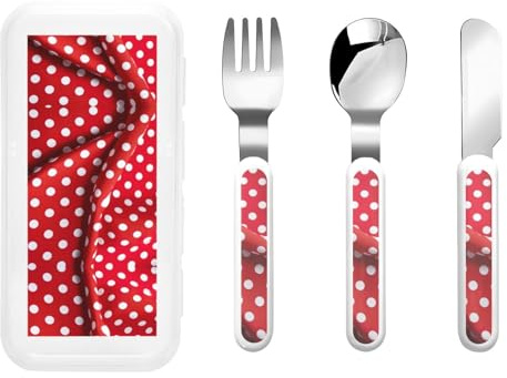 Reusable red White Polka dot Print Fork, Spoon Knife with Storage Case,Dishwasher Safe for School Lunch,Travel