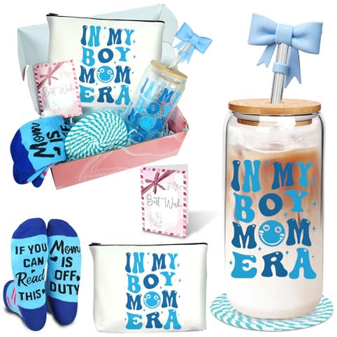 ANOTION in My Boy Mom Era Glass Cup, 18oz/532ml Cute New Mom Gifts, Iced Coffee Glass Cups with Lids Straws Thank You Gift Boy Mother Gift Box Set