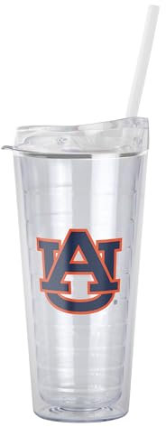Logo Brands NCAA Auburn Tigers 22 oz Double Wall Clear Tumbler – Includes Straw, Fits Most Cup Holders, Made in The USA, Spill-Resistant Lid, BPA Free