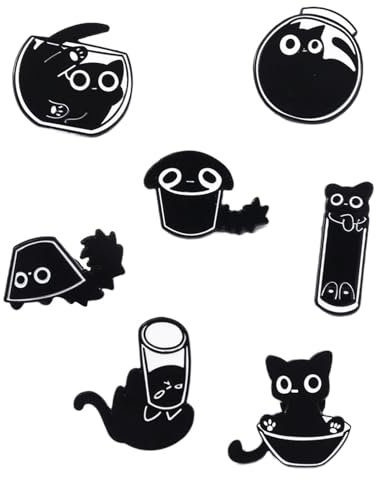 WUNZILO Lot de 7 broches en émail chat noir pour femme, ensemble de broches mignonnes en forme d'animal pour vestes, corsage et chapeau, Noir blanc, Con caja de regalo