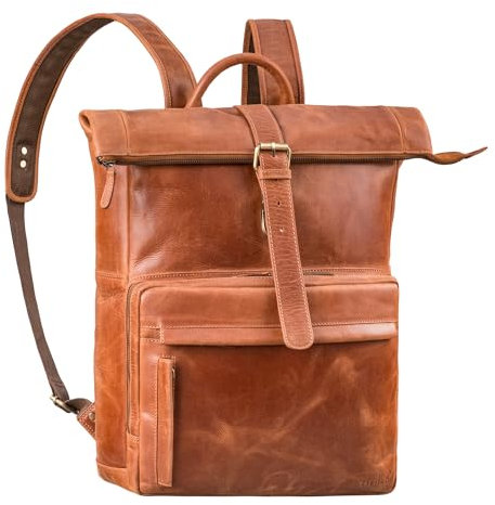 STILORD 'Melvin' Zaino Rolltop Pelle Vera Grande - Zaino Lavoro Donna e Uomo con Scomparto Laptop 16-17 pollici - Zaino Porta PC - Zaino da Bici como Bagaglio a Mano, Colore:andorra - marrone