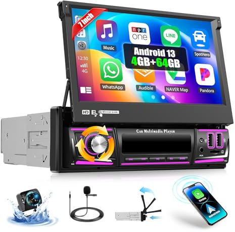 OiLiehu 4+64G Android 13 Radio 1 DIN Carplay Android Auto Pantalla 7 Pulgadas Retráctil con Mirror Link Bluetooth FM/RDS GPS WiFi SWC EQ Camara Marcha Atras