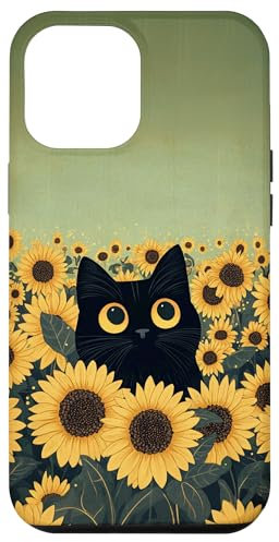 Aesthetic Black Cat and Sunflower Floral Sage Green Case for iPhone 12 Pro Max