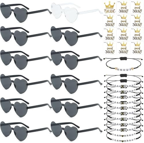 36 Stück JGA Brille Team Braut,Jga Accessoires Frauen,Bride to Be Herz Brille Set,12Herz Sonnenbrille+12Bride Tattoo Aufkleber+12JGA Armbänder Frauen,Jungesellinnenabschied Frau Accessoires
