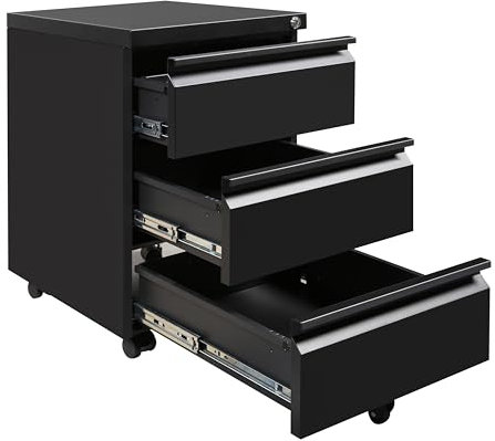 HOMSTEEL Cassettiera Scrivania Mobile, Cassettiera con Serratura, 4 Chiavi, 3 Cassetti, in Acciaio, Preassemblato, Nero
