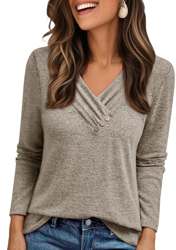 Cuptacc Jumpers for Women UK Lightweight Soft Cotton Versatile Longs Leeve Tops Long Casual Button V Neck Solid Color Oversized Sweatshirt Women Coffee Brown XXL