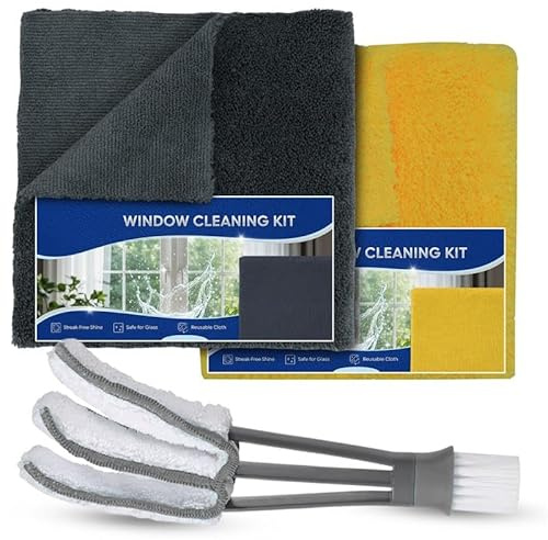 Towelogy Window Cleaning Kit – 2x Dual-Sided Microfibre Cloths (40x40cm) + Blind Duster Brush – Reusable, Streak-Free Glass Cleaner for Home, Mirrors & Windows (3, Grey/Yellow Kit)