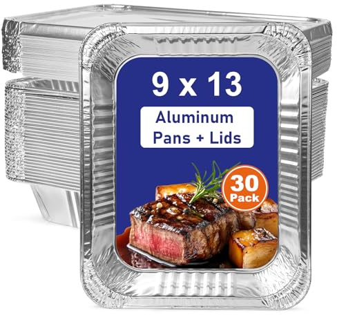 Große Aluminiumpfannen mit Deckel: 30 Stück, extra robuste Folienpfannen 22,9 x 33 cm, Einweg-Aluminiumschalen zum Backen, Kochen, Braten von Truthahn, Lebensmittelzubereitung