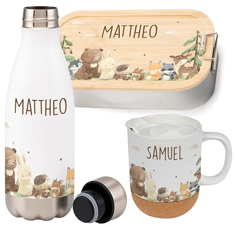 Kidsmood - Personalisiertes Schulset Kinder – Brotdose Edelstahl mit Bambusdeckel, Trinkflasche & Tasse mit Namen – Geschenk zur Einschulung Mädchen Jungen