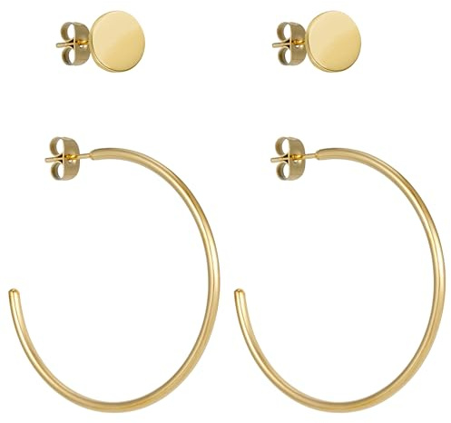 BONNYBIRD® Creolen Gold Groß Ohrringe Damen Edelstahl Dünn Wasserfest Medizinische Ohrstecker Vergoldet Hypoallergen Chirurgenstahl Nickelfrei Schmuck Set Plättchen Stecker Goldschmuck Hoops Frauen