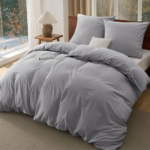 BEDSURE Bettwäsche 135x200 Baumwolle 4teilig - Grau, 2 Kissen 80x80 cm | 100%Baumwolle Bettwäsche Set mit Reißverschluss, 2 Bettbezug+2 Kissen, Gewaschene Leinenoptik, Atmungsaktiv & Weich, Oeko-TEX