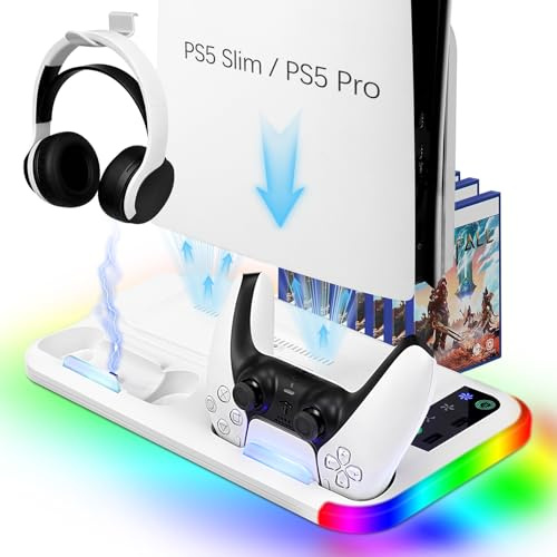 Auniq Station de Charge de Refroidissement PS5 Slim/PS5 Pro avec lumières RGB et Ventilateurs, Support de Charge pour Manette de Jeu PS5-Support Station d'accueil pour PS5-Slim/Pro Disc et numériques
