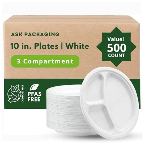 Disposable 3 Compartment Bagasse Plates (10 inch, 500 Pack) – Heavy Duty Biodegradable Paper Plates | Compostable Eco-Friendly Divided Natural Sugarcane Fibres – Microwave & Freezer Safe for Parties