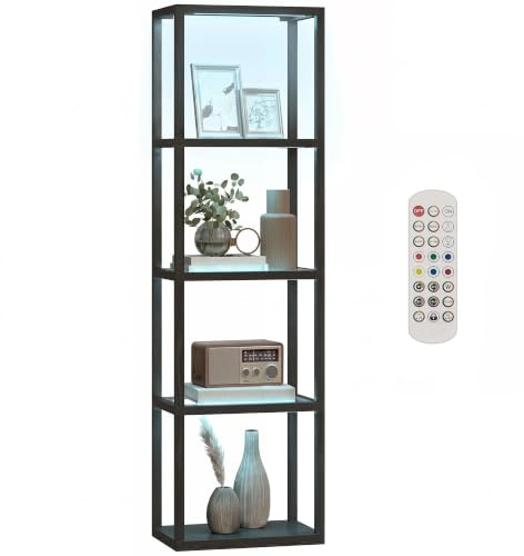 HOMCOM LED Stehlampe Wohnzimmer RGB Dimmbar mit Glasregalen Schwarz | 4 Ebenen, Fernbedienung, Musik-Synchronisation, Timer, Standleuchte für Schlafzimmer