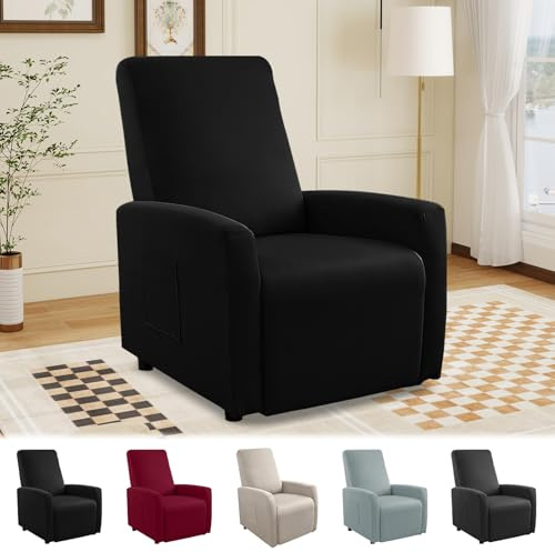 MeYuxg Housse Fauteuil Relax 1 Place, Housse de Fauteuil Extensible Imperméable avec Poche Latérale,Inclinable Protege Fauteuil Relax Electrique Housse, pour Canapé et Fauteuil TV(Noir, 4 Pièces)