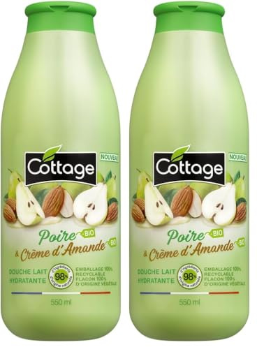 Cottage – Gel Douche Lait Hydratant – Poire BIO & Crème d'Amande BIO – 98% D’Ingrédients D’Origine Naturelle - Flacon 100% d'origine végétale– Fabriqué en France – 550 ml (Lot de 2)