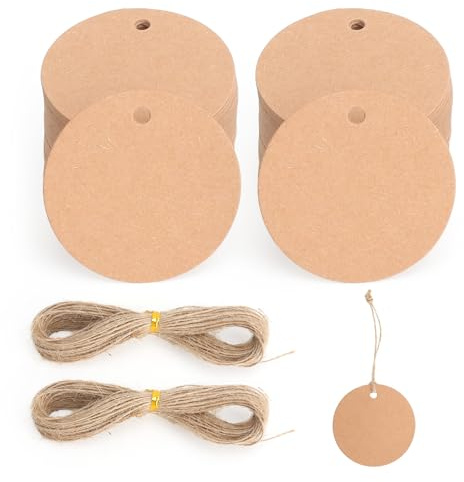 XRVRILE 200 Stück Kraftpapier Anhänger Papier mit 40m Juteschnur Geschenkanhänger Kraftpapier Etiketten, Runde 5cm Geschenkanhänger Zum Beschriften für Geschenkverpackung Hochzeit Handmade Partys