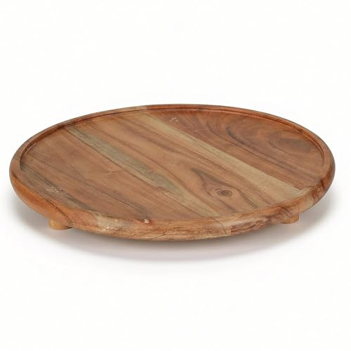 GEEZY Round Wooden Serving Tray 26.5 cm - Acacia Wood with Raised Stand, Smooth Durable Cutting & Display Board - Elegant Round Serving Tray for Snacks, Desserts, Candles, Home Decor