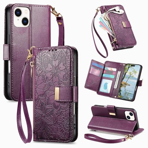 VEEMOS Phone Case for Apple iPhone 14 Plus Case with Zip Wallet Purse Card Holder Slot Embossed Flower Design Folding Flip Cover Leather Stand Lanyard Wrist Strap Women - Purple