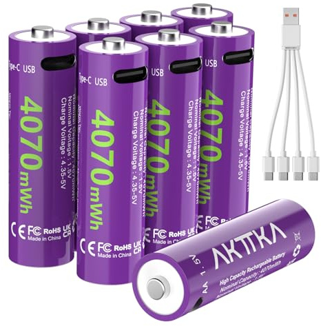 Lot de 8 Piles AA Rechargeables 4070 mWh 1,5 V Lithium avec Câble de Charge Rapide USB-C 1-vers-4, idéal pour Manettes de Jeu, Serrures Connectées, Souris et Claviers sans Fil, Thermomètre