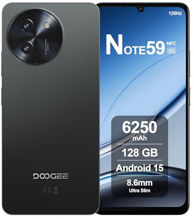 DOOGEENEXT NOTE 59 Smartphone 5G Senza Contratto, 32GB+128GB, Display IPS 6,75 120Hz, Cellulare Android 15 Octa-Core, Fotocamera 16MP+8MP, Batteria 6250mAh, Dual 5G Dual SIM, GPS NFC Nero