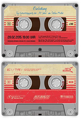 Personalisierte Einladungskarten zum Geburtstag (ab 10 Stück) als Retro Musikkassette Kassette Musik Cassette Walkman, dickes Papier