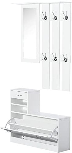 Homcom 3 in 1 Garderoben Set Garderobenpaneel Schuhschrank mit Spiegel 2 TLG Weiß