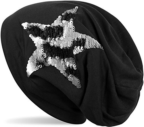 styleBREAKER Beanie Mütze mit Wendepailletten Stern Applikation, Slouch Longbeanie, Damen 04024141, Farbe:Schwarz