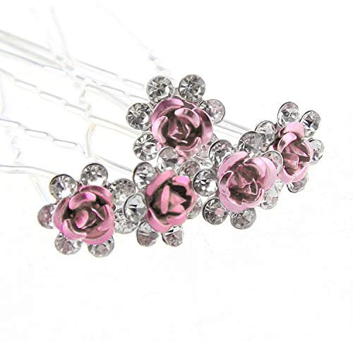 WedDecor 10pcs Pink Wedding Hair Pins with Crystal Rose Flower Design & Rhinestone Diamante Silver Plated Bridal Hair Clips Accessories for Women Wedding & Girls Bridesmaids Prom
