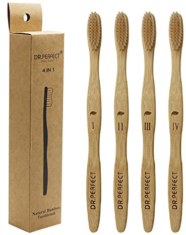 Dr.Perfect Bambus Zahnbürste [4 Stück] mittelweiche Naturborsten Holzkohle Bambus einzeln versiegelte Beutel Verpackung (beige)
