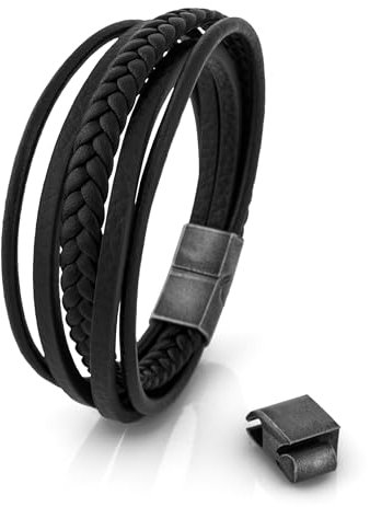 Akitsune Pax Lederarmband | Armschmuck Damen Herren Magnetisch Armband - Silber - Schwarz 21cm