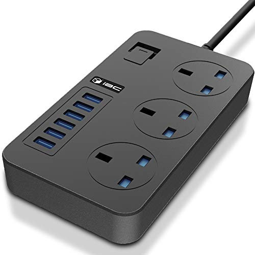 iBlockCube® Extension Lead with 6 USB Ports (3.1A), Surge Protected Power Strip Socket Switch 2M (6.5FT) UK Plug, Fuse & Shutter Extension Lead (Black-Grey)