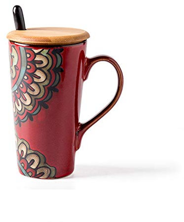 JMAHM Ensemble de tasses à café en céramique de style ancien avec couvercle en bois et cuillère pour tasse de jus de lait (rouge)