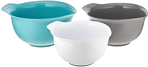 KitchenAid Universal Nesting Plastic Mixing Bowls, Set of 3, 2.5 Quart, 3.5 Quart, 4.5 Quart, Non Slip Base with Easy Pour Spout to Reduce Mess, Dishwasher Safe, Aqua Sky, White, Gray