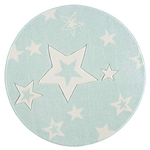 Livone Pflegeleichter Kinderteppich Baby Kinderzimmer mit Sternen in Mint Weiss Grösse 150 cm rund