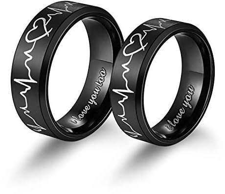 Mabohity EKG-Ring Herren Damen mit I Love You Schwarz Titan-Ring Titanium 6mm/8mm Breit Ehering Verlobungsring Freundschaftsring Partnerring Paar Ringe (nur Herren)