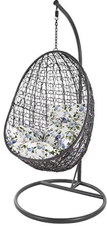 KIDEO Komplettset: Hängesessel mit Gestell & Kissen, Korbsessel, Poly-Rattan (Gestell- und Korbfarbe: dunkelgrau, Kissen: Blumenmuster Nest (1078_icerose))