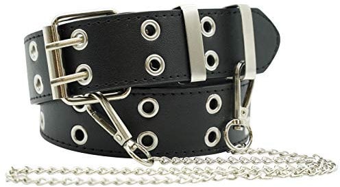 Ro Rox Rudie Gothic Grunge Punk Double Eyelet PU Belt with Square Buckle & Chain - Black (M)