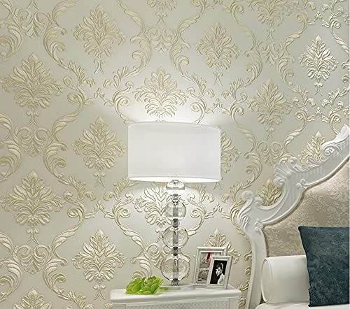 通用 20.87″Wx393.7″L Damask 3D Embossed Modern Minimalist Restaurant Bedroom Living Room TV Background Non-Woven Wallpaper 20.87″Wx393.9″L Non-Pasted (White)