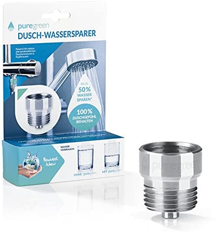 bluegreen (nun puregreen) Dusch-Wassersparer | Leichte Installation ohne Werkzeug | Passend nahezu alle Duscharmaturen & Duschköpfe | Bis zu 50% Wasser sparen mit blue green [chromfarben]