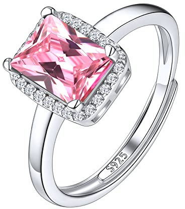 Suplight Bague Anneau Réglable Femme Fille Pierre de Naissance Argent 925 Zircon Carré de 6 * 8mm avec Un Cercle de Petit Blanc Zircon Cristal Rose Septembre