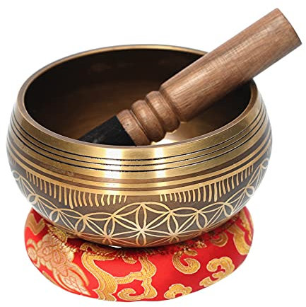 Sasuori Ensemble bol chantant en métal avec maillet et coussin Motif fleur de vie Bol chantant tibétain Bol chantant bouddhiste Musique Thérapie Méditation Bol Chantant Chantant 15,5 x 15,5 x 8,5 cm
