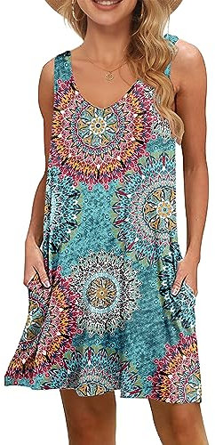 WNEEDU Damen Leichte Sommerkleid V-Ausschnit Swing Tank-Kleid Ärmellos Strandkleid Knielang mit Taschen
