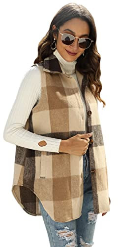 UANEO Damen Plaid Shacket Knopfleiste Wollmischung Herbst Flanell Hemd Jacke, Weste, braun, Medium