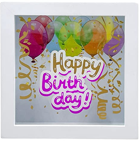 Spardose Sparbüchse 3D-Bilderrahmen mit transparenter Frontscheibe, Geschenk Sparschwein, Verpackung für Geldgeschenk (Happy Birthday - weiß, Rechteckig)