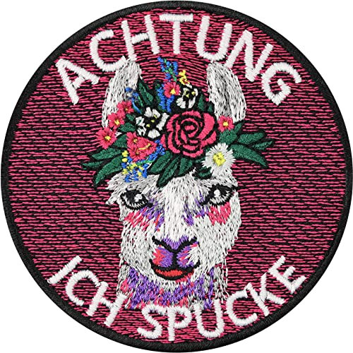 Lustiger Lama Aufnäher/Aufbügler | Achtung ich spucke | Lama Patch zum annähen/aufbügeln | Alpaca mit Blumen Applikation Spaß Sticker für alle Stoffe | 75x75mm